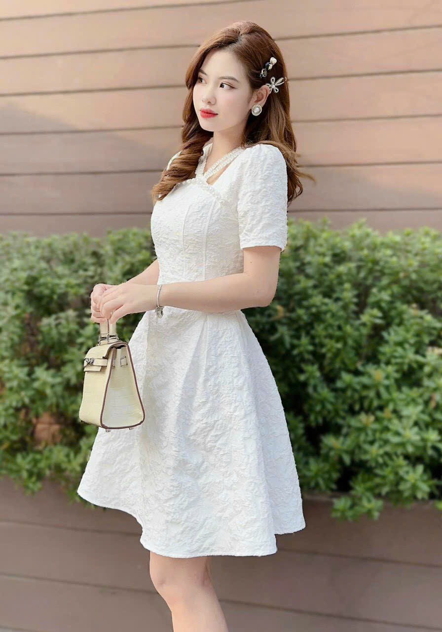 Đầm Xòe Gấm Đi Tiệc Phối Cườm Có Mút GuFashion
