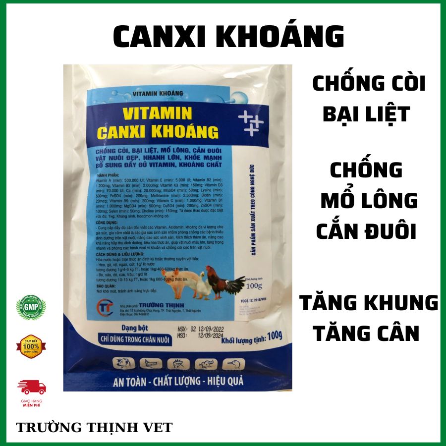 Canxi khoáng vitamin gói 100gram. Chống bại liệt còi xương tụt canxi căn mổ lông  chó mèo gà vịt thú y trường thịnh