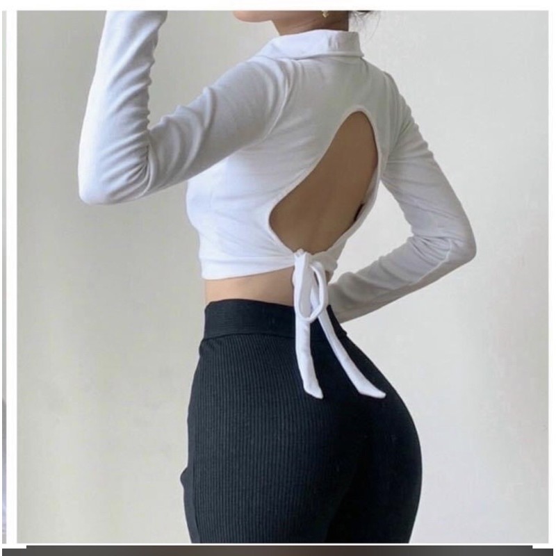 Áo croptop cổ polo tay dài cột dây