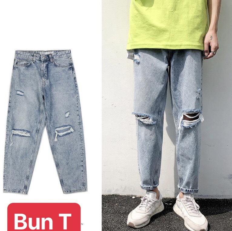 QUẦN BAGGY JEAN NAM CHẤT BÒ XANH RÁCH GỐI ỐNG RỘNG DÀI MÙA THU HÈ ĐÔNG NHẬT BẢN HOT TREND TT-46 TRANG BUN FASHION