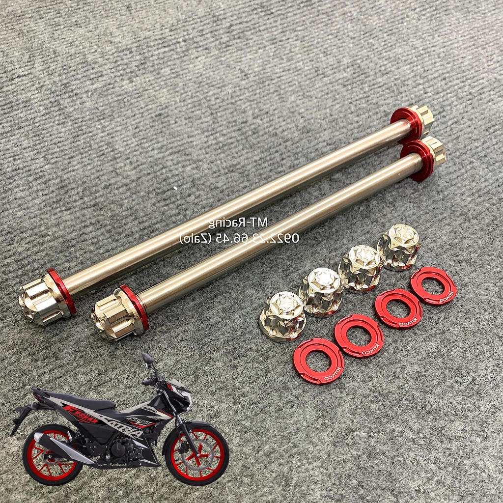 Cốt Bánh Salaya Trước Sau Cho Satria, Raider Fi Chuẩn Inox304 Siêu Sáng Kèm Lông Đền Nhôm Đỏ