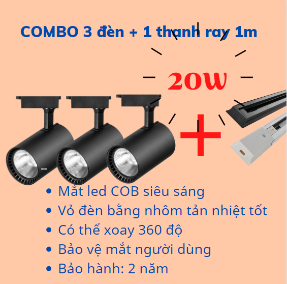 Đèn rọi ray, đèn led, Combo 3 đèn rọi ray 30W, 20w + 1 ray 1 mét dùng ...
