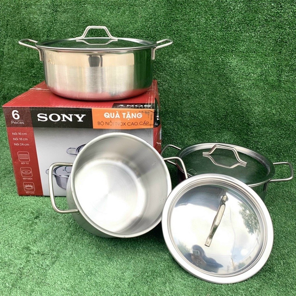 Bộ 3 nồi inox sáng bóng SHARP và SONY nắp inox 24cm 18cm 16cm dùng được bếp từ và mọi loại bếp bộ nồi inox chắc chắn cao cấp