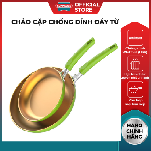 Cặp chảo SunHouse chống dính đáy từ miệng chảo dày chịu va đập tốt - 2 lớp chống dính Whitford (USA)