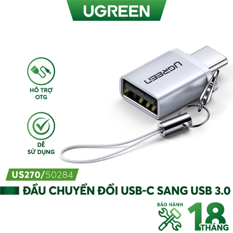 ▼  Đầu chuyển đổi cổng USB 3.0 sang type C đực UGREEN US270 hỗ trợ OTG có dây gắn móc treo chìa khóa
