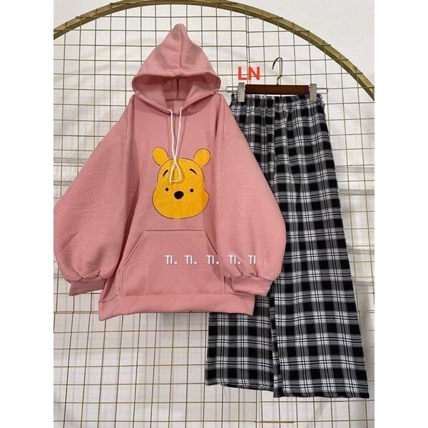 Sét áo hoodie mặt vàng +quần kẻ đen LN11, Thời trang nữ, Đồ bộ, Sét quần áo, Sét đồ nữ cá tính.