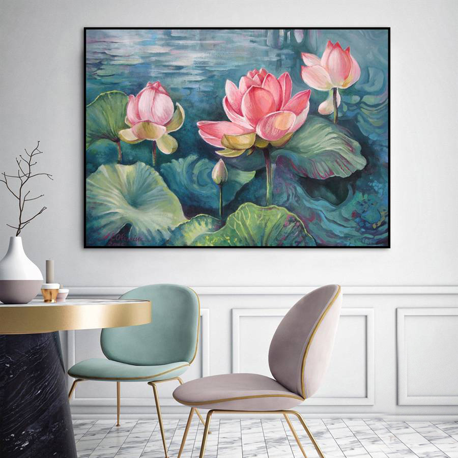 Tranh canvas treo tường hoa sen nghệ thuật khung sang trọng - 80 x 60 cm
