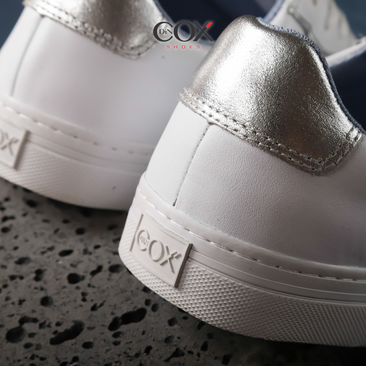Giày Sneaker Da Bò Thật Nữ DINCOX E03 White Silver Sang Trọng