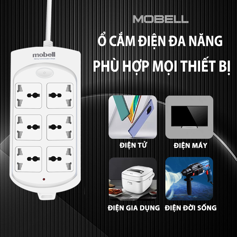 Ổ cắm điện đa năng nhiều lỗ có công tắc nắp che an toàn chất liệu nhựa ABS chống cháy chịu nhiệt tốt công suất 2500W ổ cắm điện
