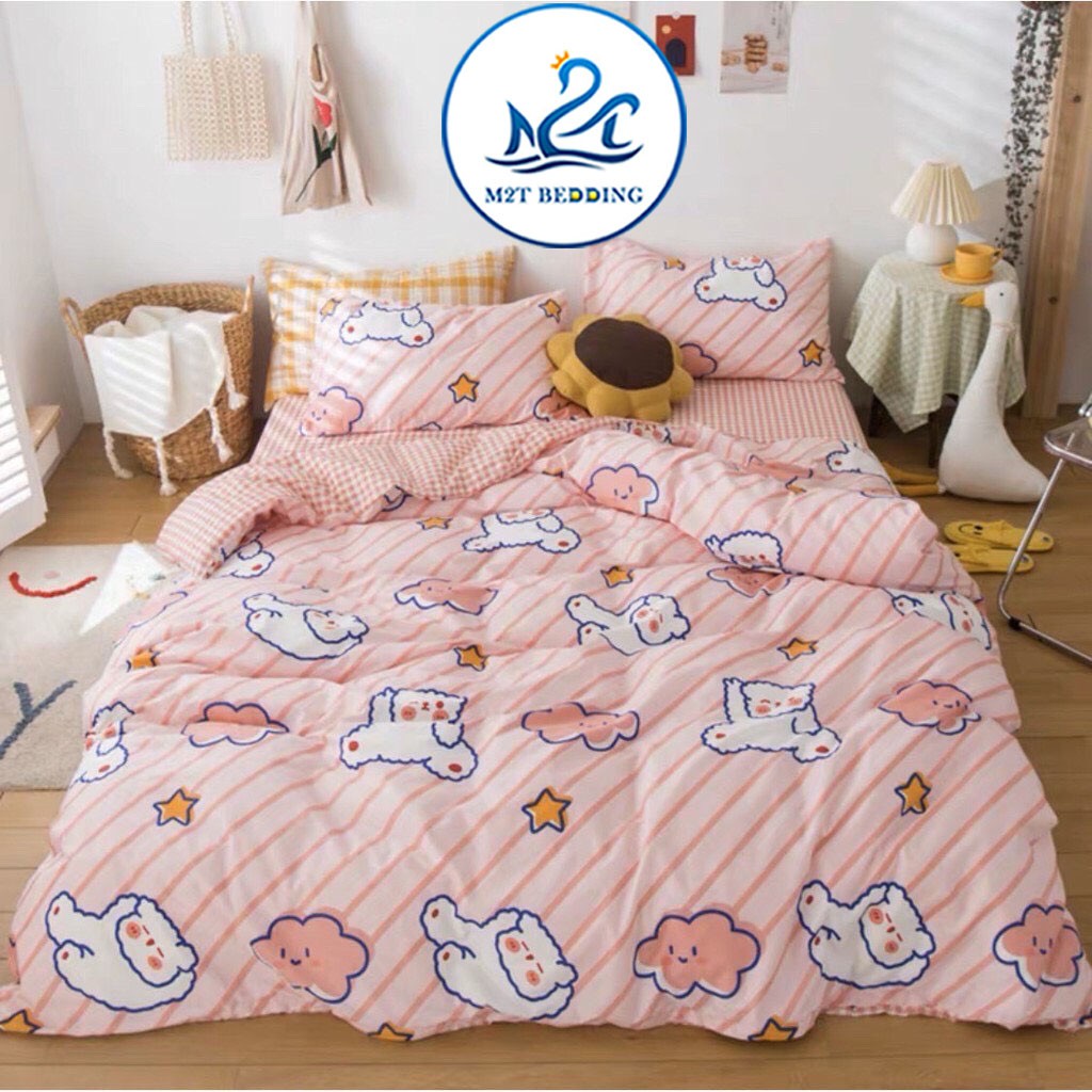 Bộ chăn ga gối Cotton poly M2T Bedding Gấu hồng phối sọc - chăn ga Hàn Quốc - miễn phí bo chun drap ga giường 1m2, 1m4, 1m6, 1m8, 2m2, may chun theo yêu cầu