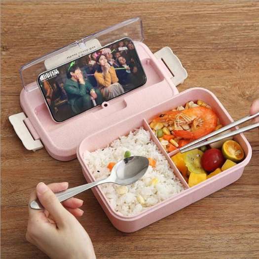 Hộp Đựng Cơm Lúa Mạch 3 Ngăn Kèm Thìa Đũa Inox