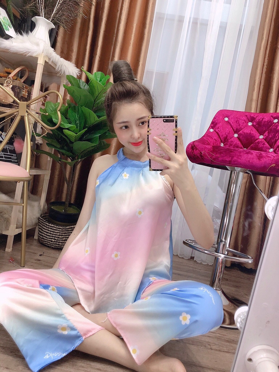 Set bộ nữ cổ yếm phối màu cầu vồng #setbocoyem