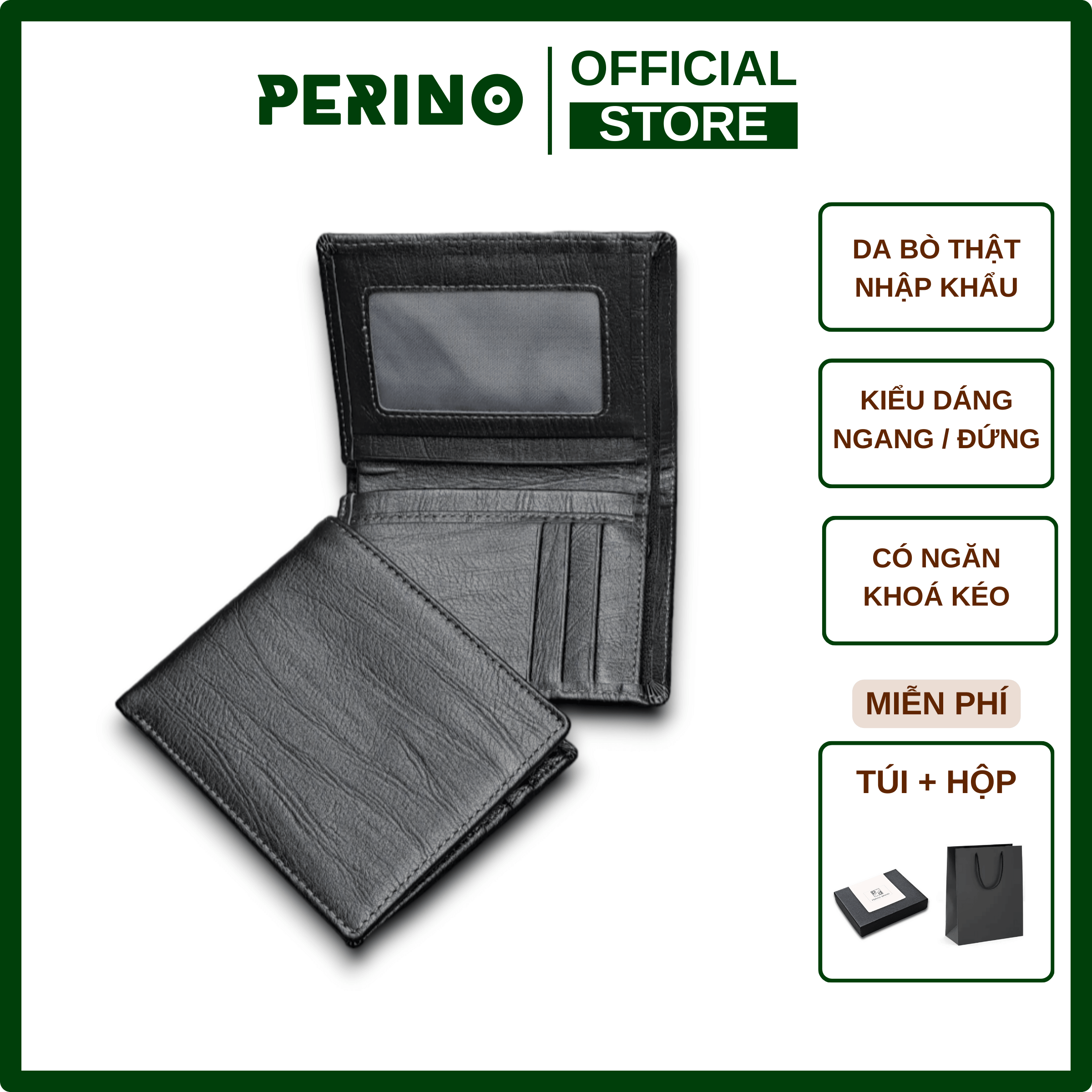 Perino men's premium cowhide wallet 100% genuine leather stand up wallet with zipper pocket sets with box-p089