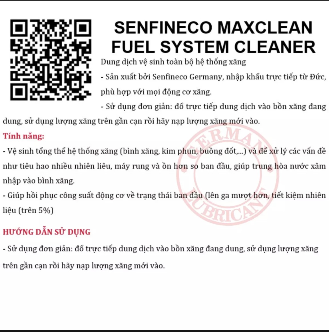 Phụ gia Senfineco vệ sinh bình xăng xe máy