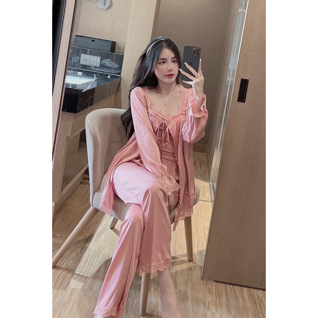 Set Pijama Tiểu Thư Cao Cấp Combo 3 Món Lụa Latin - Đồ Ngủ Nữ Đồ Bộ Freesize