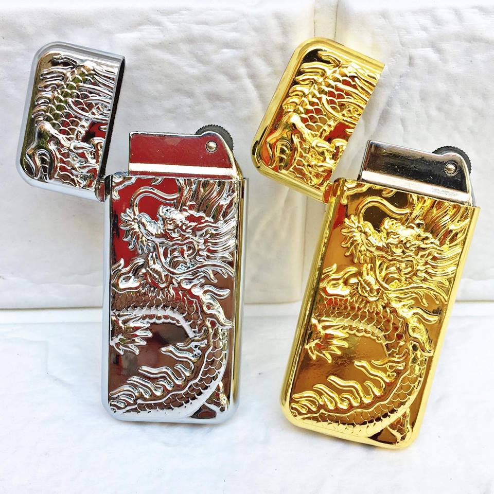 [Hcm]Embossed Stone Gas Lighter with Golden - Silver Dragon Shape