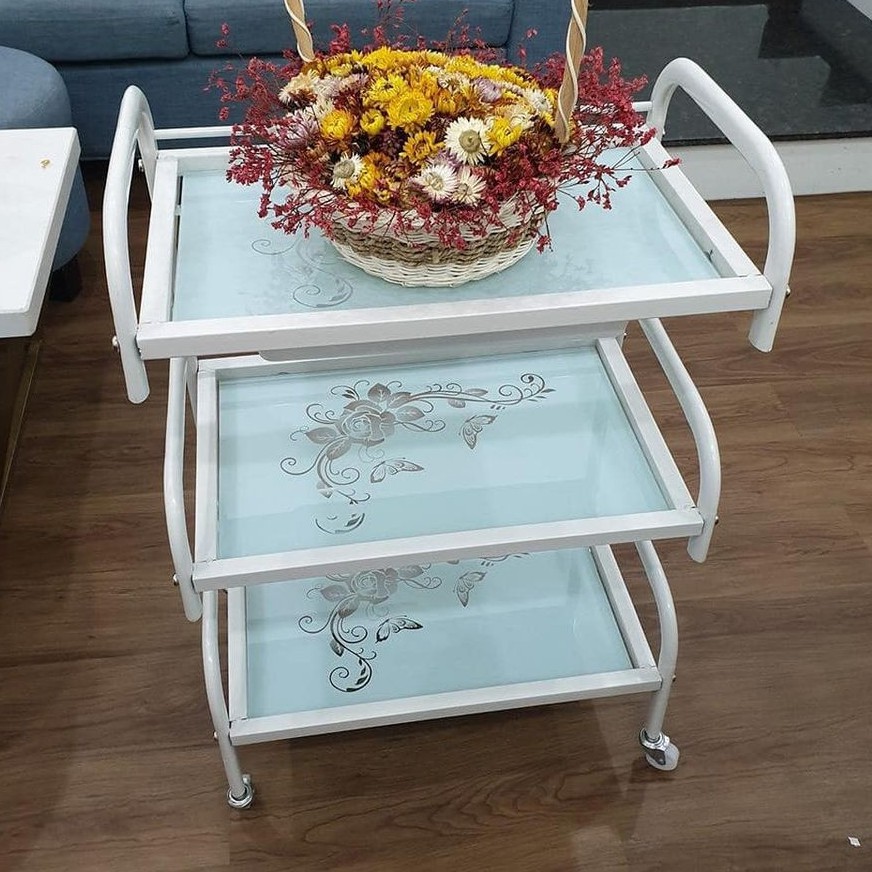 Xe đẩy Spa 3 Tầng Mặt Kính Hoa Văn Có Khay