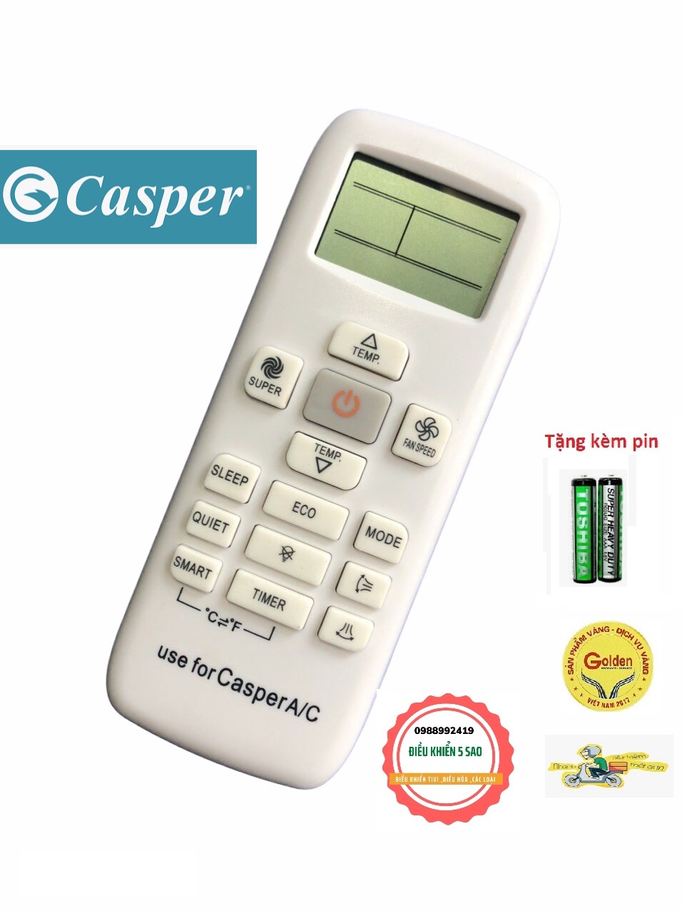 Điều khiển điều hòa Casper RCH-RUY-0 có 1 nút đỏ ở giữa loại tốt thay thế điều khiển zin theo máy - tặng kèm pin chính hãng - Remote Casper - Remote máy lạnh Casper loại tốt dùng thay thế đầu bấm casper theo máy - bảo hành 3 tháng