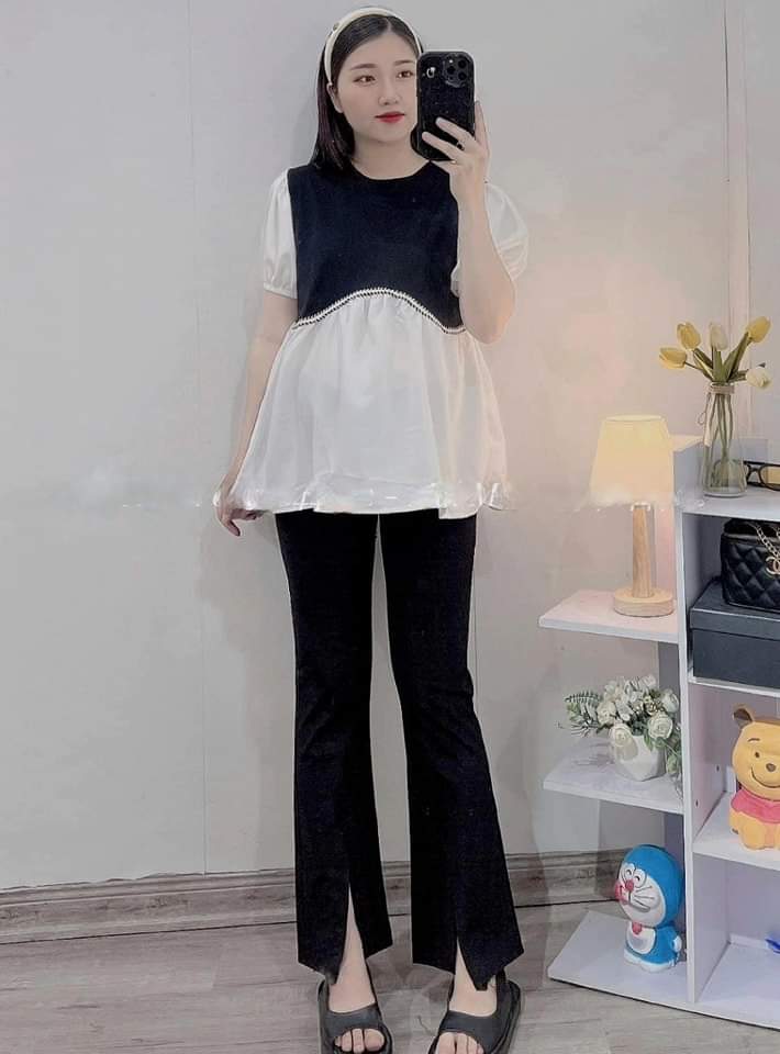Áo bầu dáng suông chất đũi mềm mát kiểu dáng babydoll cổ vuông xinh xắn