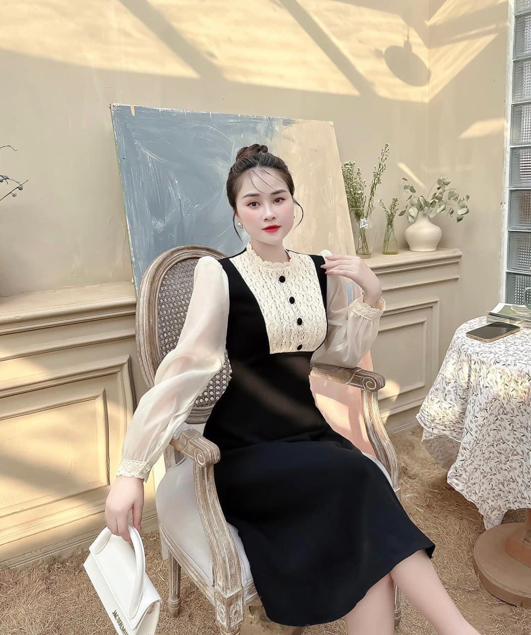 V95 Váy nhung - Đầm dự tiệc nhung lì cổ phối ren sang chảnh