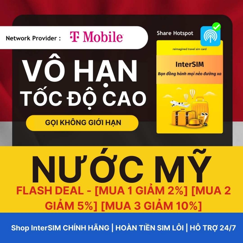 【Sim du lịch Mỹ】【Nhà mạng TMobile】【Internet tốc độ cao 4G / 5G Nghe gọi vô hạn】Sim Du Lịch InterSIM giao hoả tốc từ HCM