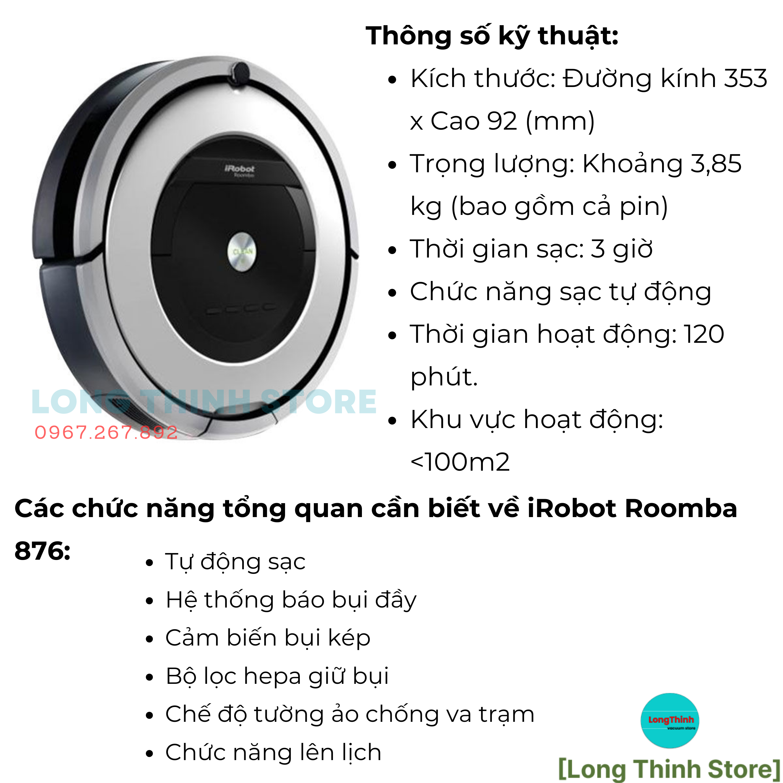 Nội Địa Nhật - Robot hút bụi iRobot Roomba 876 (hút bụi siêu mịn, lập lịch hoạt động, tự động đổ rác, cảnh báo đầy bụi)