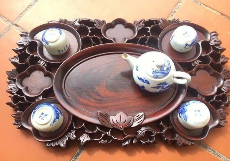 Khay trà quả đào liền khối gỗ gụ