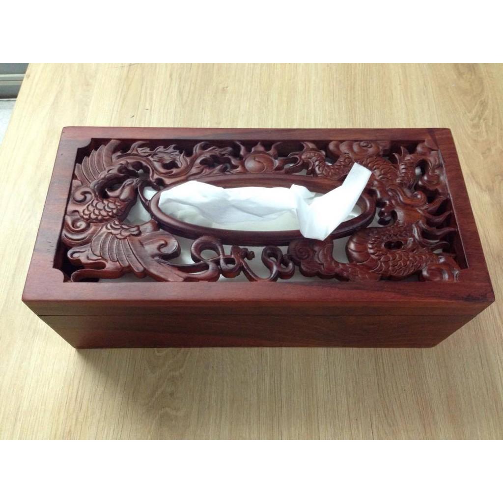 Hộp khăn giấy ăn bằng gỗ hương ta trên mặt hộp đục Rồng Phượng