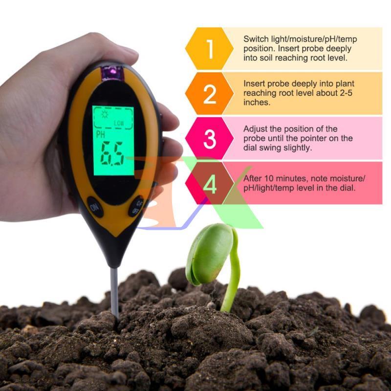 PH meter electronic, instrument pH meter soil 4 in 1, pH test strips, độ ẩm, light, temperature