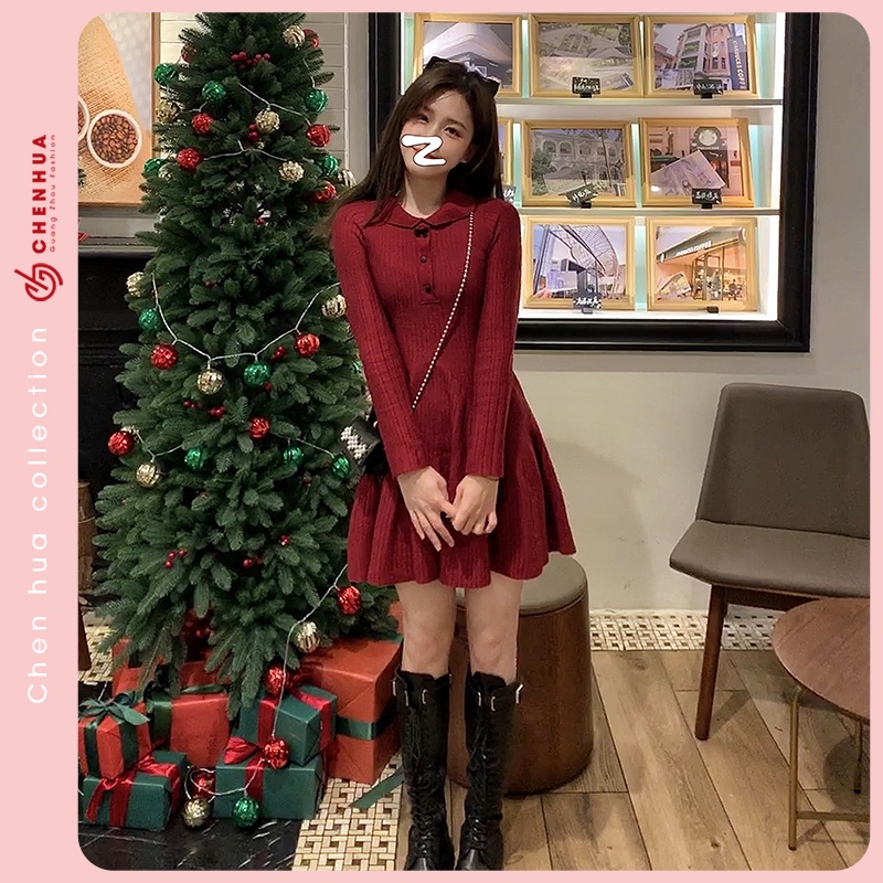 Váy len đỏ nữ ChenHua đầm len noel QC đẹp VT23