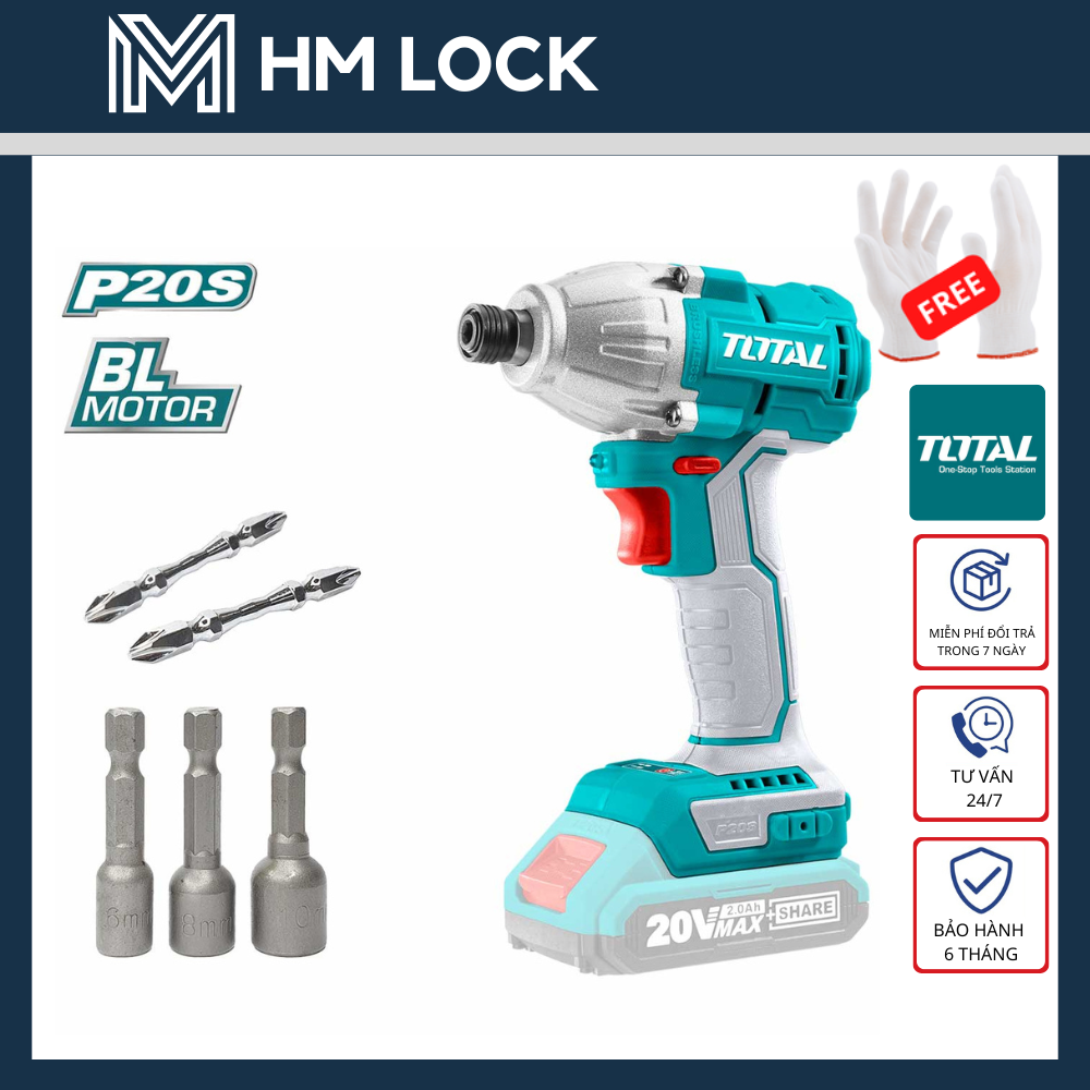 Body máy siết mở vít dùng pin 20v total 170n.m - kèm 2 mũi vít, 3 đầu tán - hàng chính hãng - tirli20030 - hm lock
