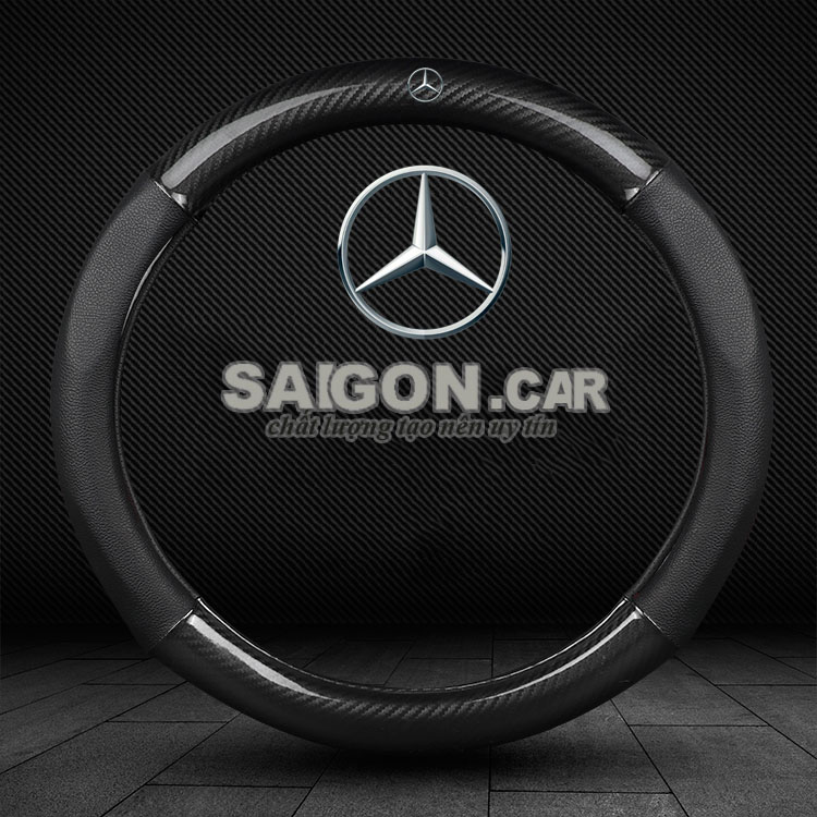HCM- Bọc vô lăng ô tô, bọc da vô lăng mẫu da cacbon logo Mercedes sang trọng -có đường kính 37-38cm
