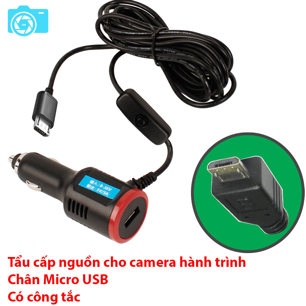 Tẩu cấp nguồn cho camera hành trình, chân micro usb, có công tắc, có cổng USB để sạc điện thoại