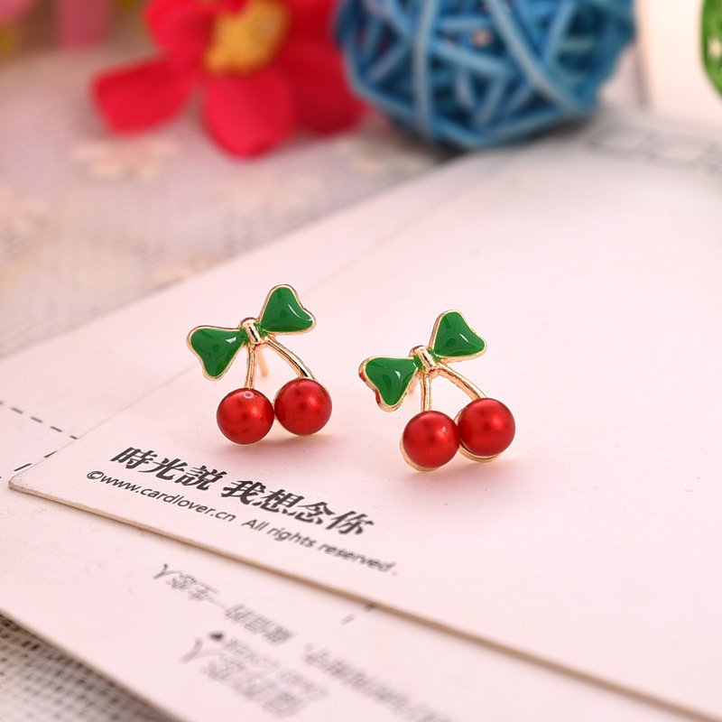 Khuyên tai bông tai nụ sát tai hình quả cherry mini gắn nơ xinh xắn dễ thương màu đỏ nổi bật dễ sử dụng tiện lợi cho nữ phong cách Hàn Quốc KT-35