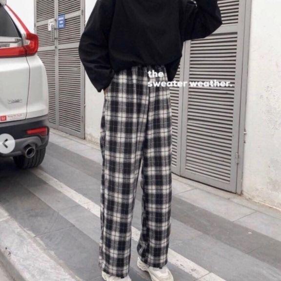Quần cullotes caro đen dáng baggy cạp chun unisex