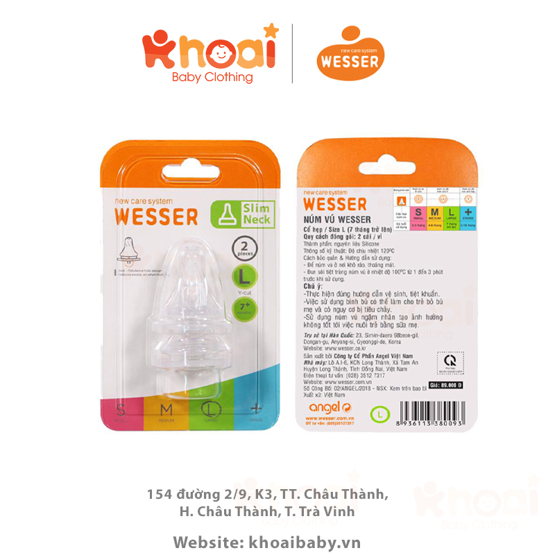 Vỉ 2 núm ty bình sữa Wesser cổ hẹp - Size S, M, L
