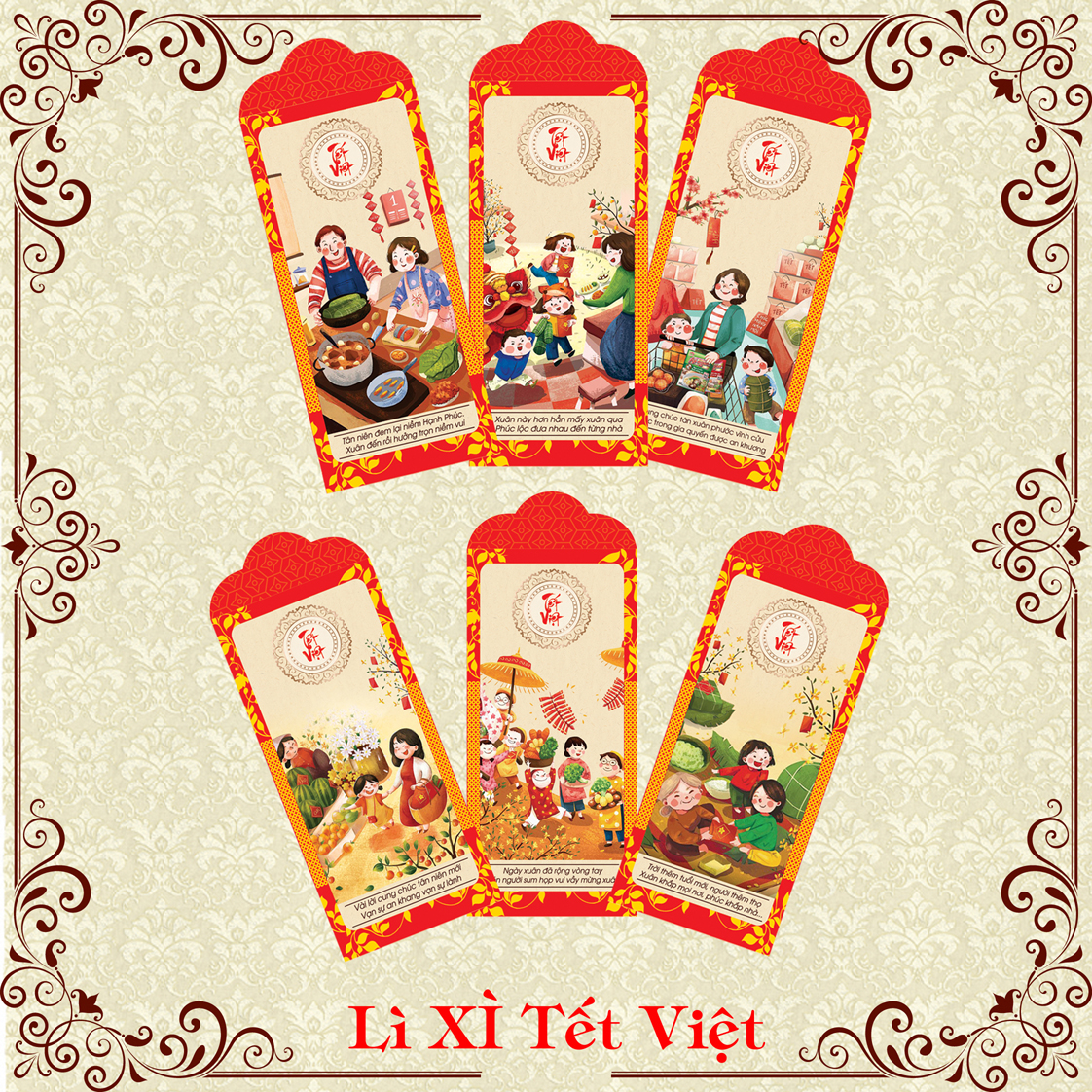 Bộ 18 Lì Xì Tết Việt ( Bộ 6 Mẫu Chia Đều )