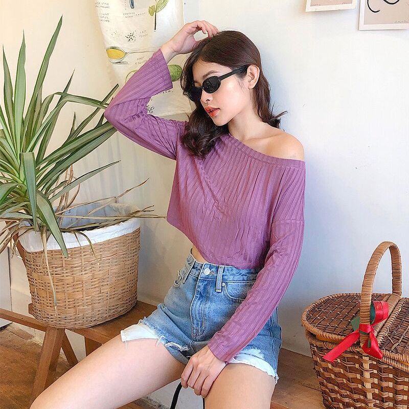 Áo thun MIEU lệch vai - GM26 (Tím/Xanh cốm)
