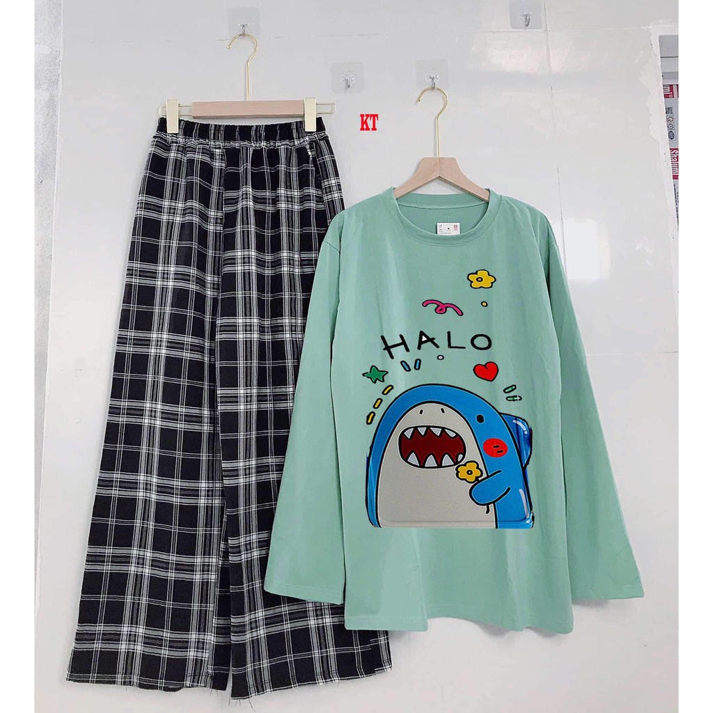 Sét áo thun cá Halo + quần kẻ KTH1120