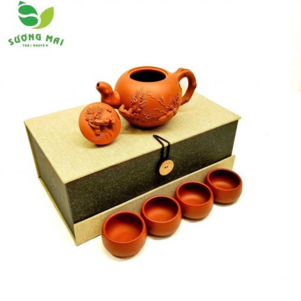 Bộ ấm chén uống trà chu sa nho sóc sương mai chế tác thủ công từ đất nguyên khoáng dung tích 320ml sm00227