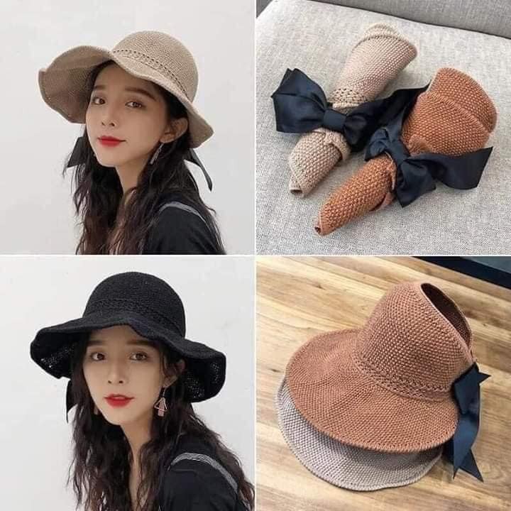 Mũ cói hở đầu đính nơ sau