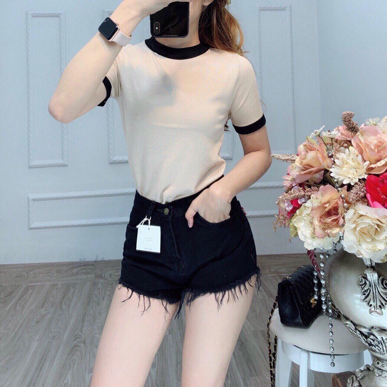 Quần short jean nữ đen - trắng tua lai 1f134