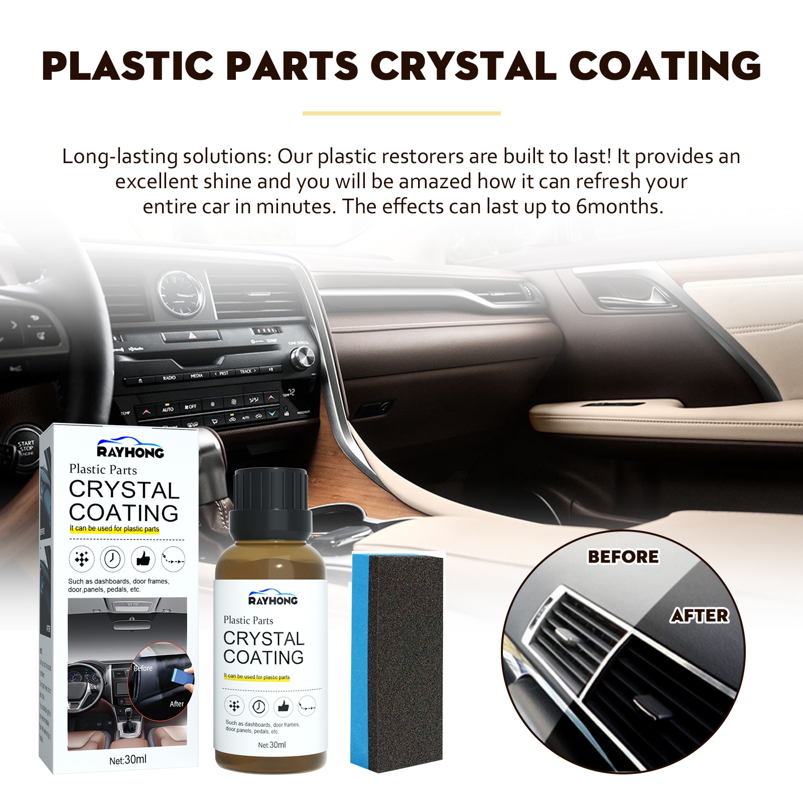 30ml Interior Plastic Parts Retreading Agent Crystal Coating Wax Renewed  Plastic Restore Long-lasting Liquid Car Maintenance