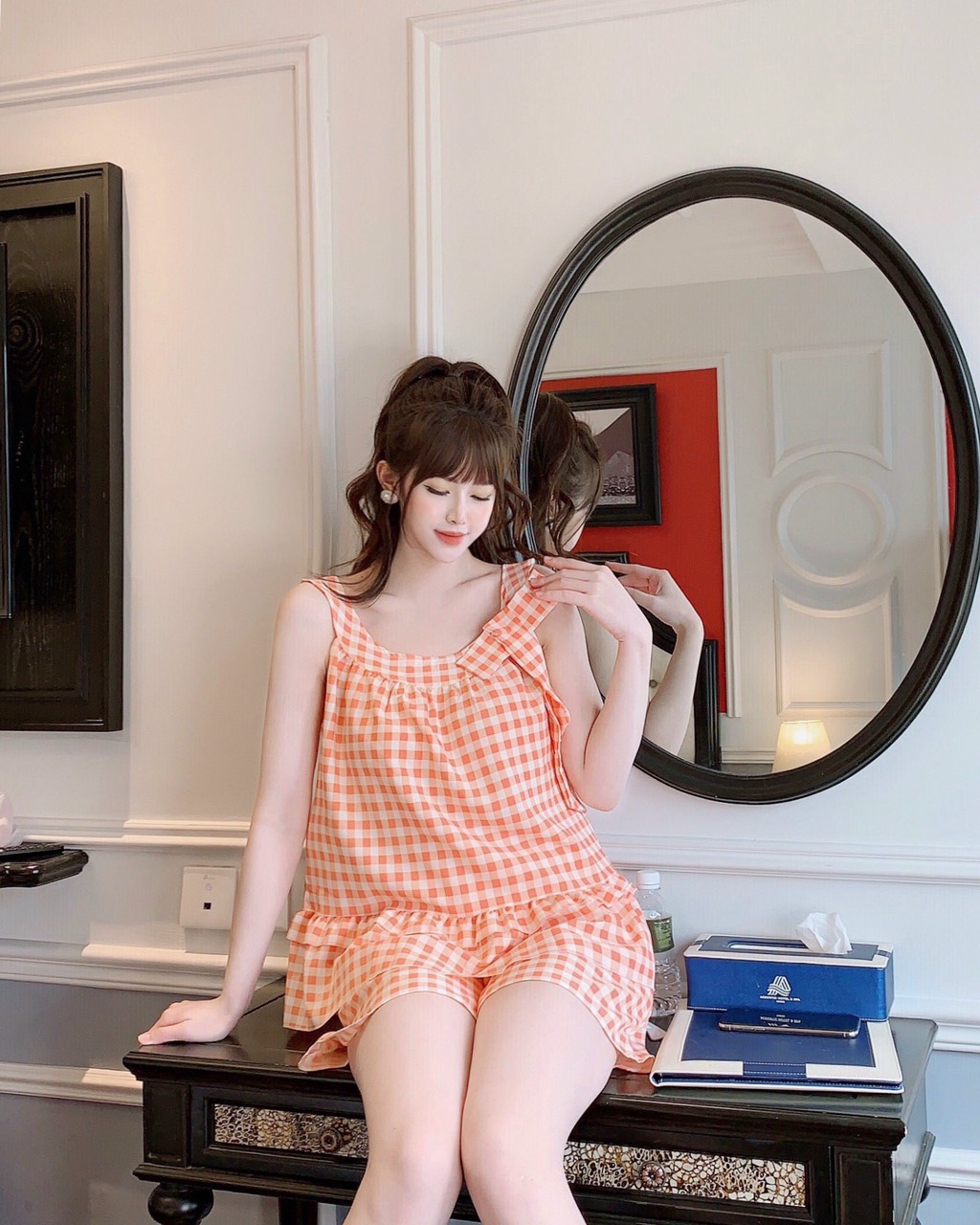 Đồ bộ lụa đùi caro mềm mát dễ thương thời trang - 220 nanisa