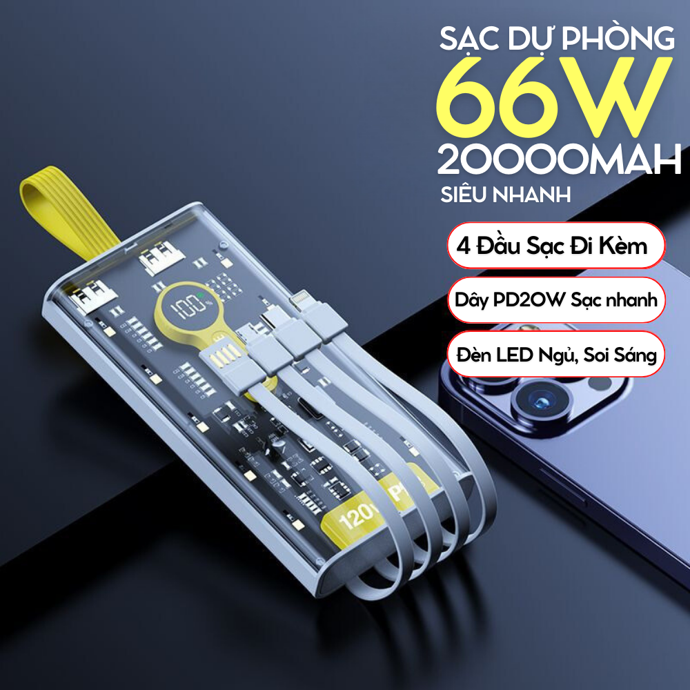 Sạc Dự Phòng Trong Suốt 20000mAh 66W Sạc Siêu Nhanh Siêu Bền Kết Hợp Led Soi Sáng Với 4 Đầu Sạc Và 3 Cổng Sạc Tiện Dụng 2 Cổng USB, 1 Cổng Type C