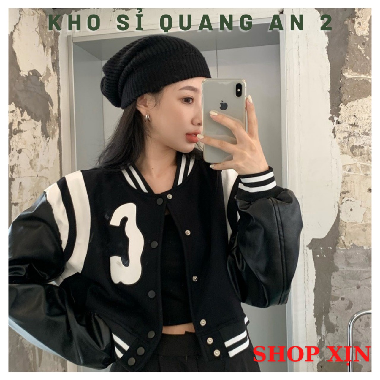 Áo khoác bomber nữ phối tay da chữ g dáng croptop phối viền trắng đen siêu cá tính