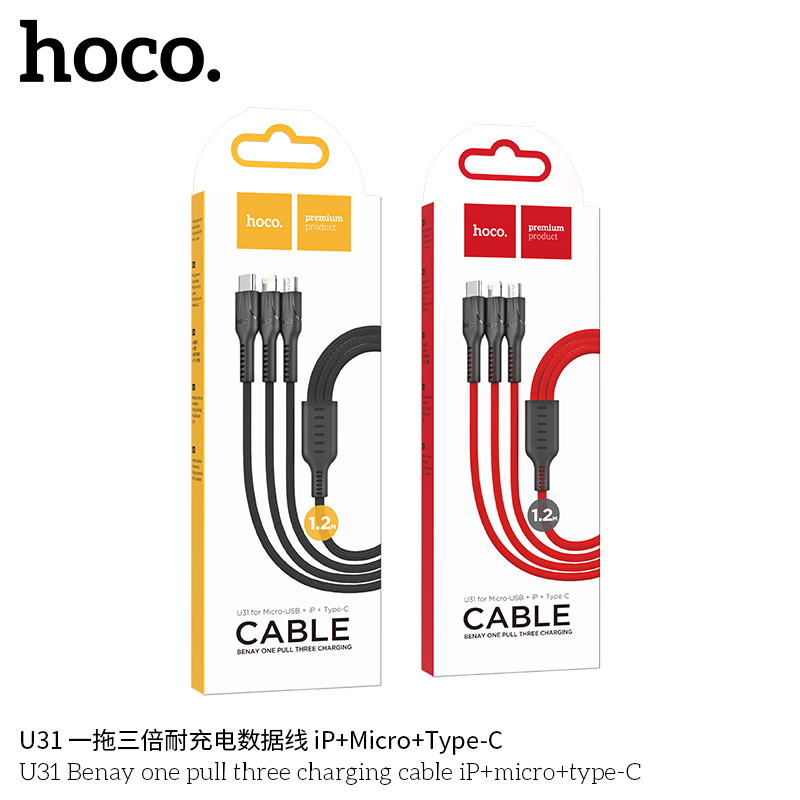 Cáp Hoco U31 (3 Đầu Lightning/Micro/Type-C) Bọc dù chống đứt sạc nhanh.