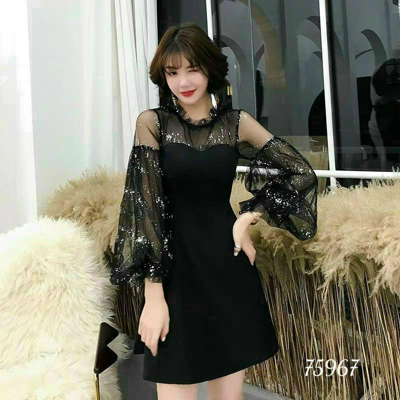 Đầm hở vai tay lưới-QH#damnu