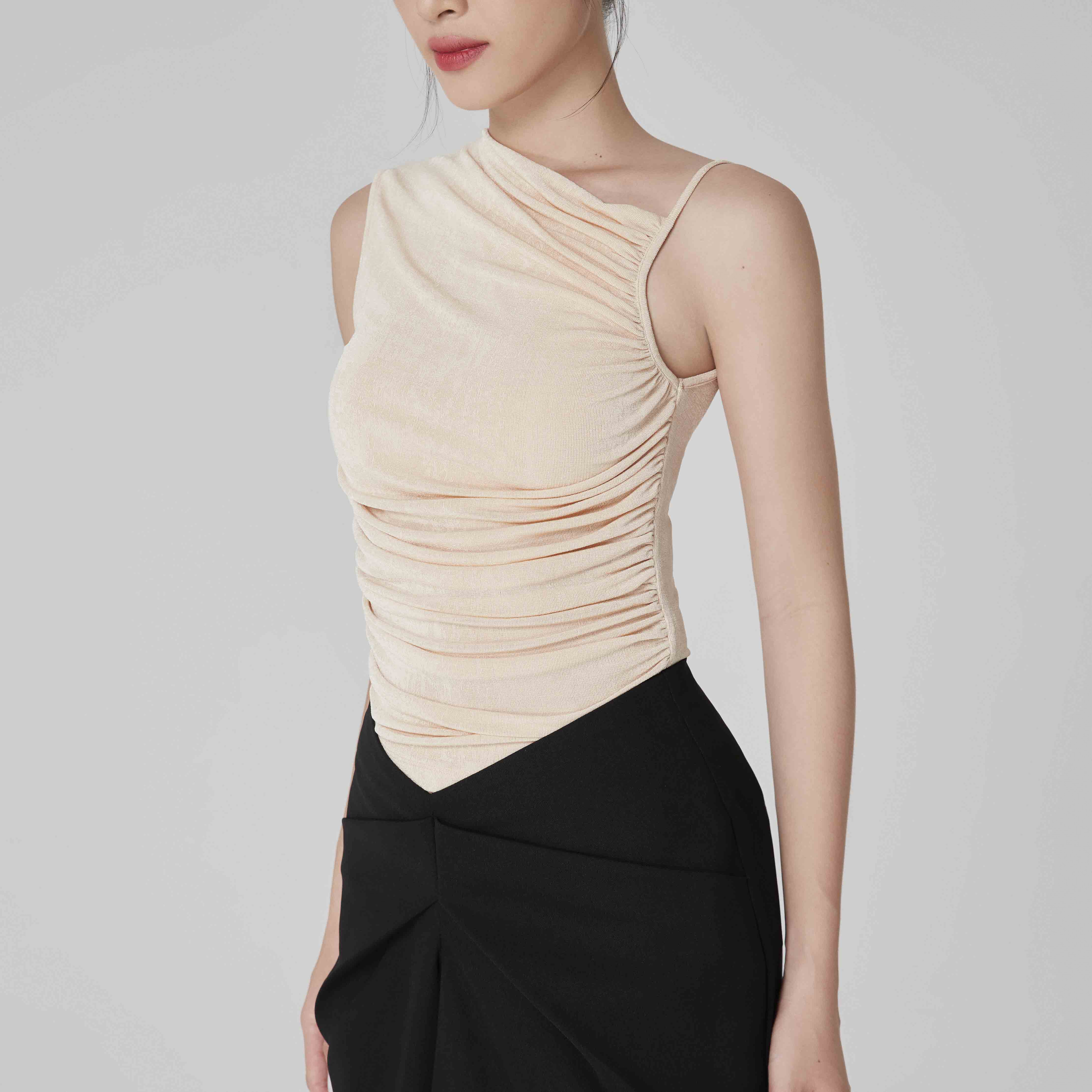 Áo Thun Nhún Nữ Ôm Body Kiểu Lệch Vai Thời Trang, Áo Thun Nhún Thiết Kế Sang Chảnh Tinh Tế - MAYBI 2306WTS30