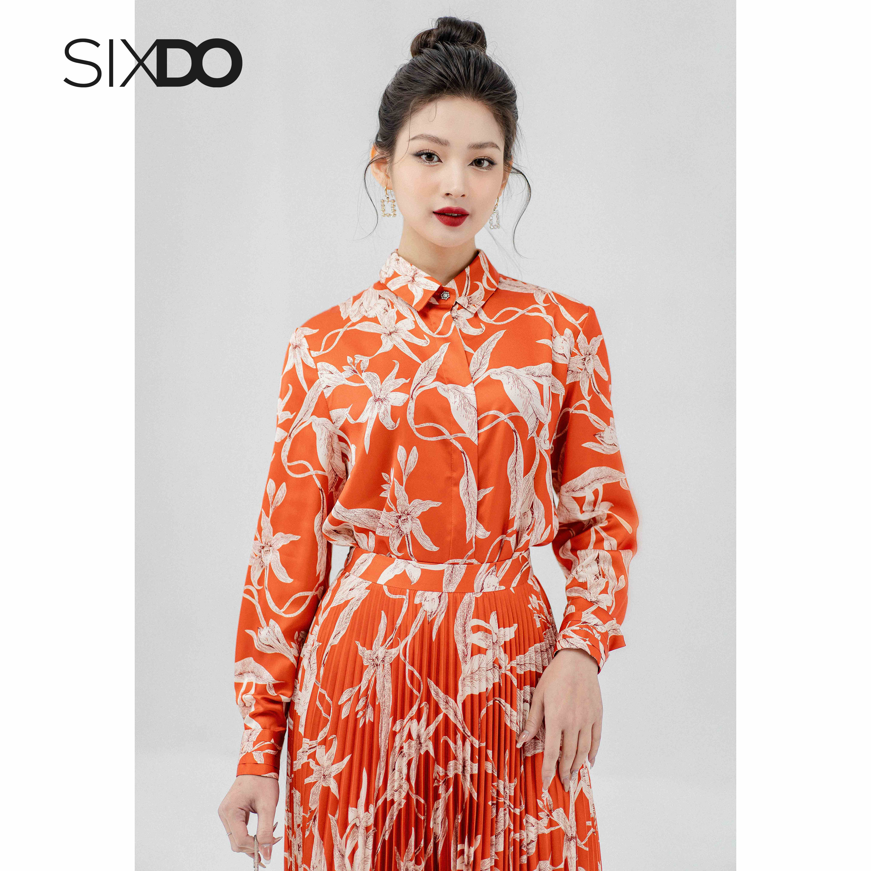 Chân váy lụa cam xếp ly SIXDO (Dark Orange Floral Pleated Midi Silk Skirt)